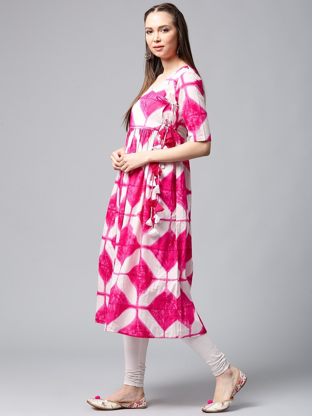 Women's  White & Pink Printed Anarkali Kurta