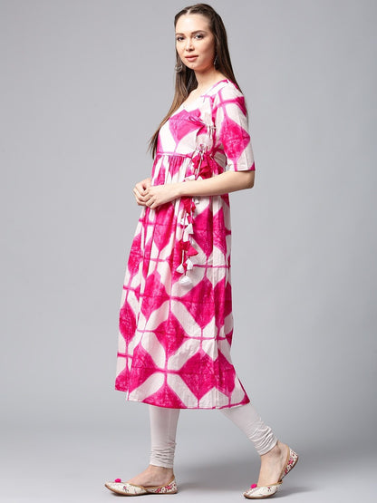 Women's  White & Pink Printed Anarkali Kurta