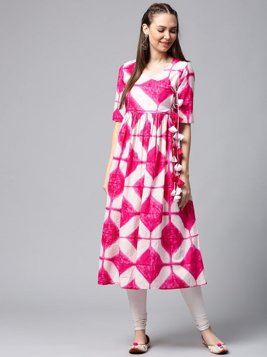 Women's  White & Pink Printed Anarkali Kurta