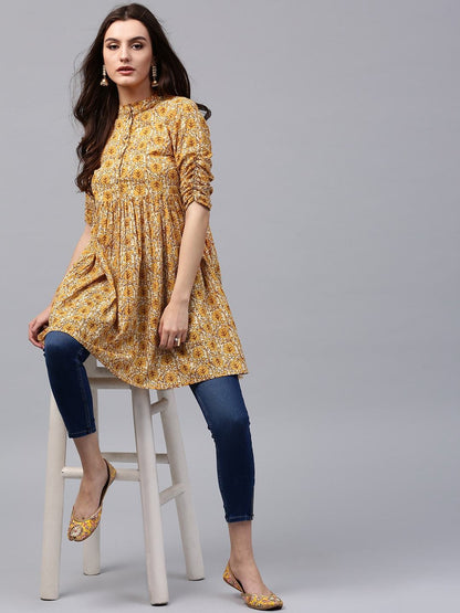 Women's Mustard Yellow & Brown Printed A-Line Tunic