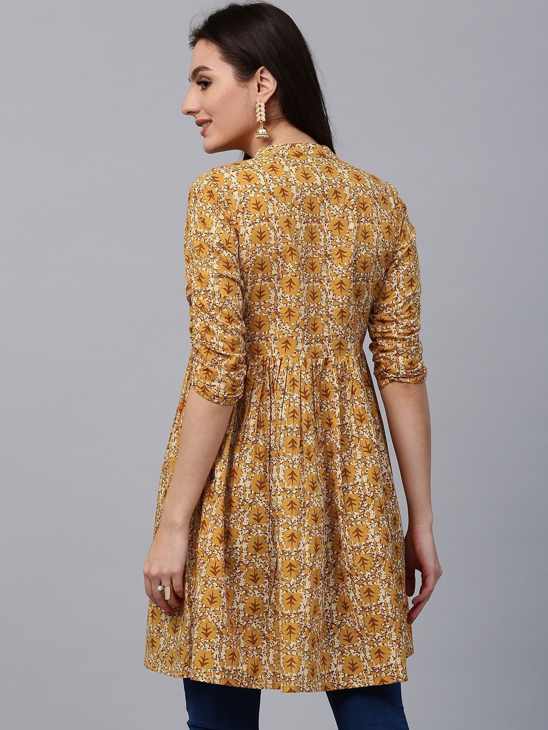 Women's Mustard Yellow & Brown Printed A-Line Tunic