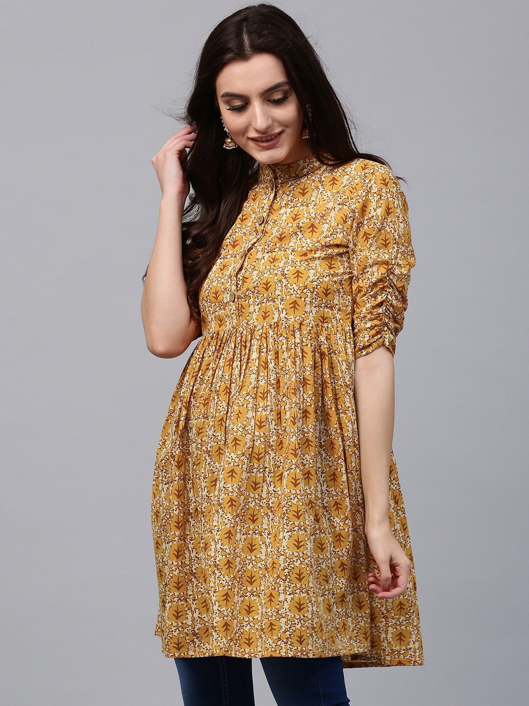 Women's Mustard Yellow & Brown Printed A-Line Tunic