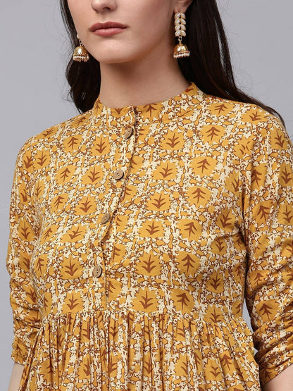Women's Mustard Yellow & Brown Printed A-Line Tunic