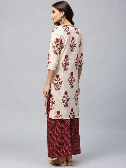 Women's  Cream-Coloured & Maroon Printed Kurta with Palazzos
