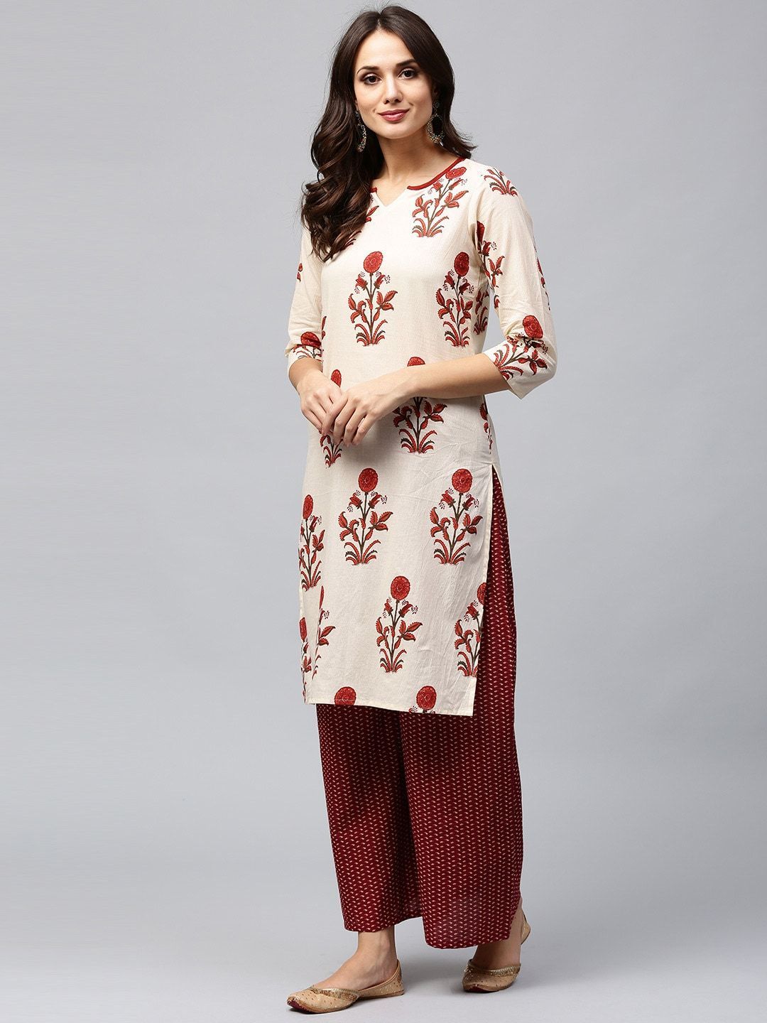 Women's  Cream-Coloured & Maroon Printed Kurta with Palazzos