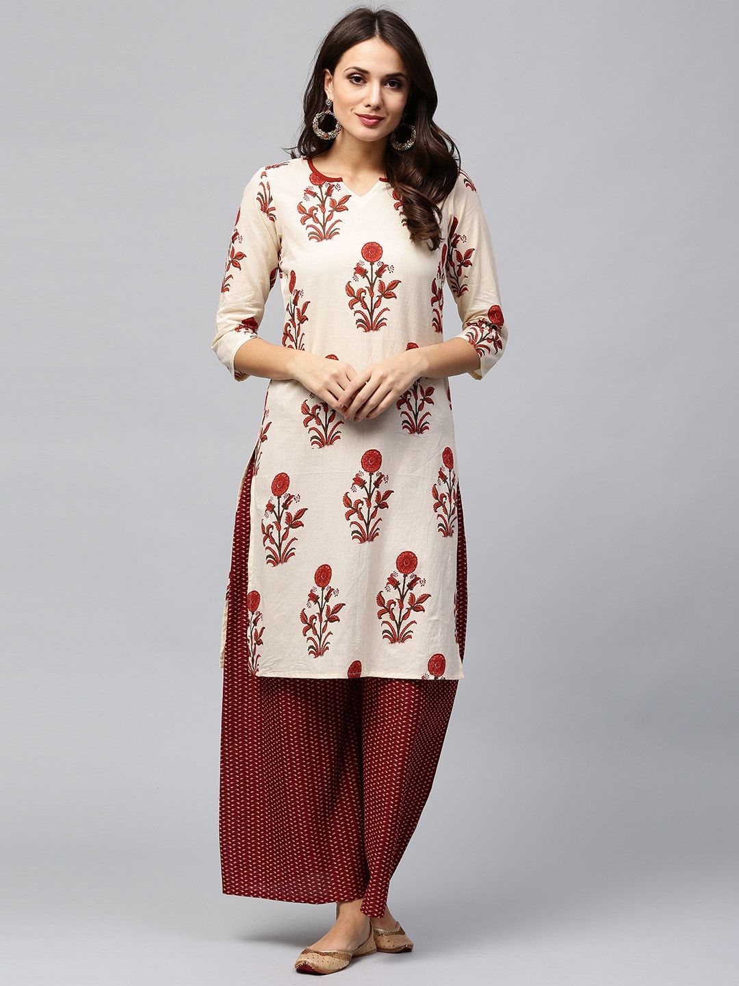 Women's  Cream-Coloured & Maroon Printed Kurta with Palazzos