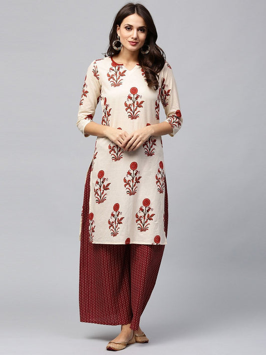 Women's  Cream-Coloured & Maroon Printed Kurta with Palazzos