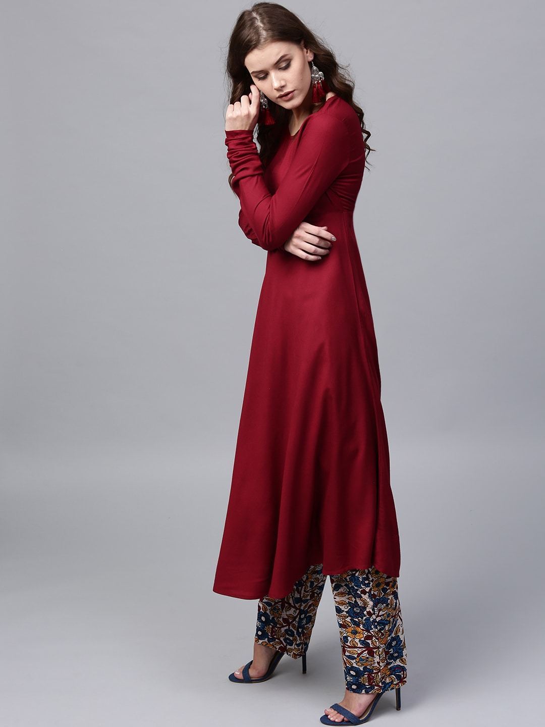 Women's  Maroon Solid Anarkali Kurta