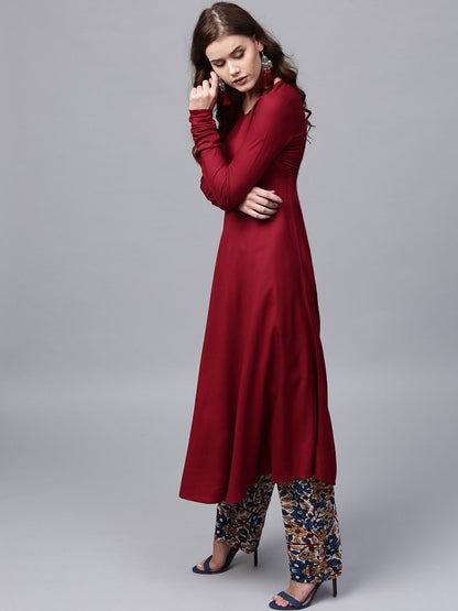 Women's  Maroon Solid Anarkali Kurta