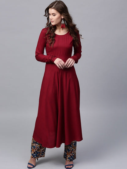 Women's  Maroon Solid Anarkali Kurta