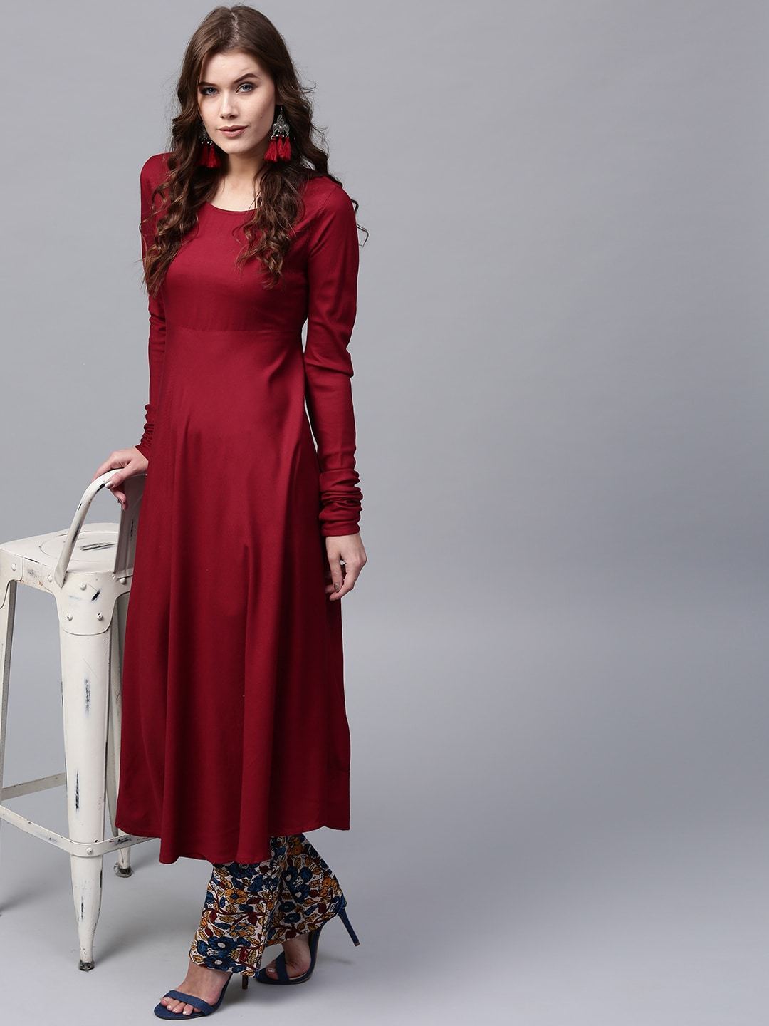 Women's  Maroon Solid Anarkali Kurta