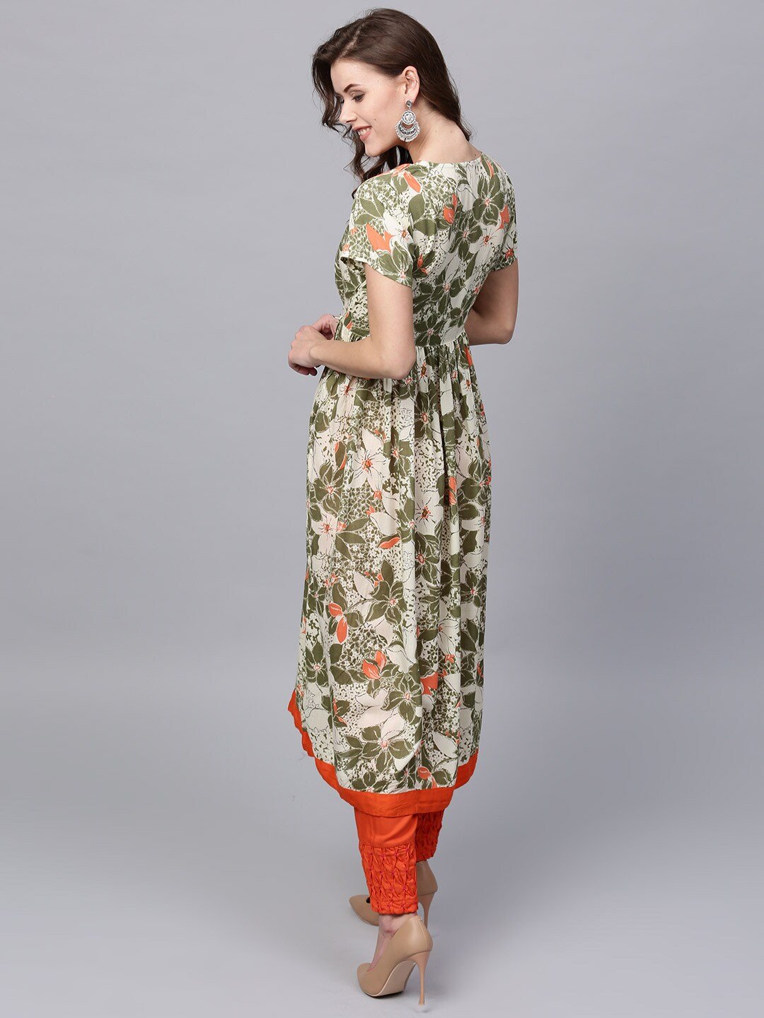 Women's  Cream-Coloured & Green Printed A-Line Kurta