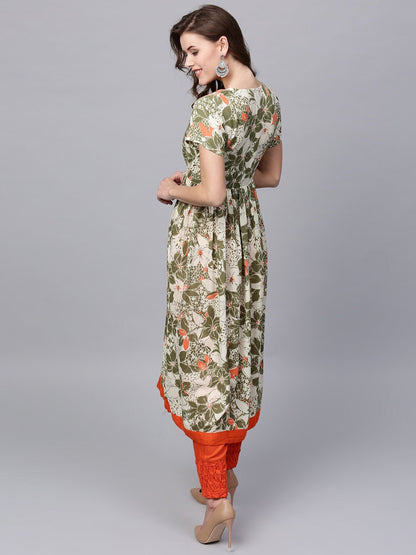Women's  Cream-Coloured & Green Printed A-Line Kurta