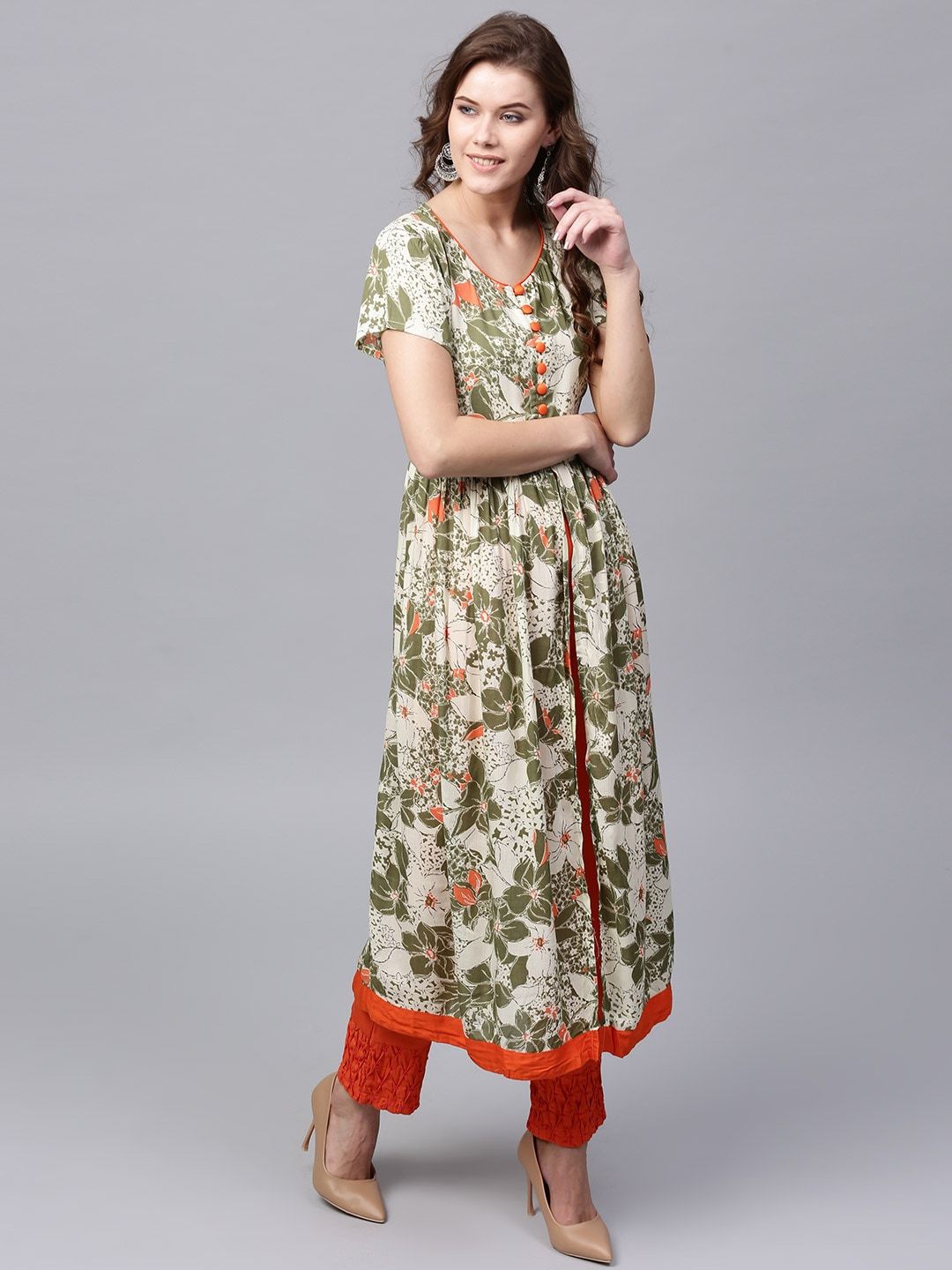 Women's  Cream-Coloured & Green Printed A-Line Kurta