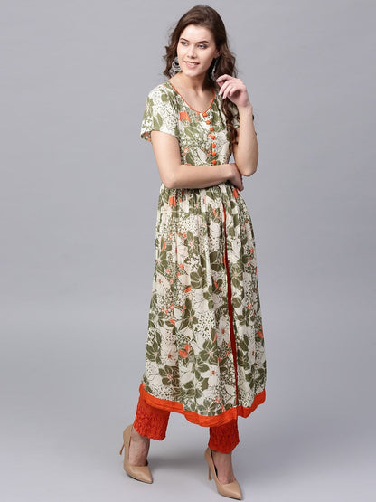 Women's  Cream-Coloured & Green Printed A-Line Kurta