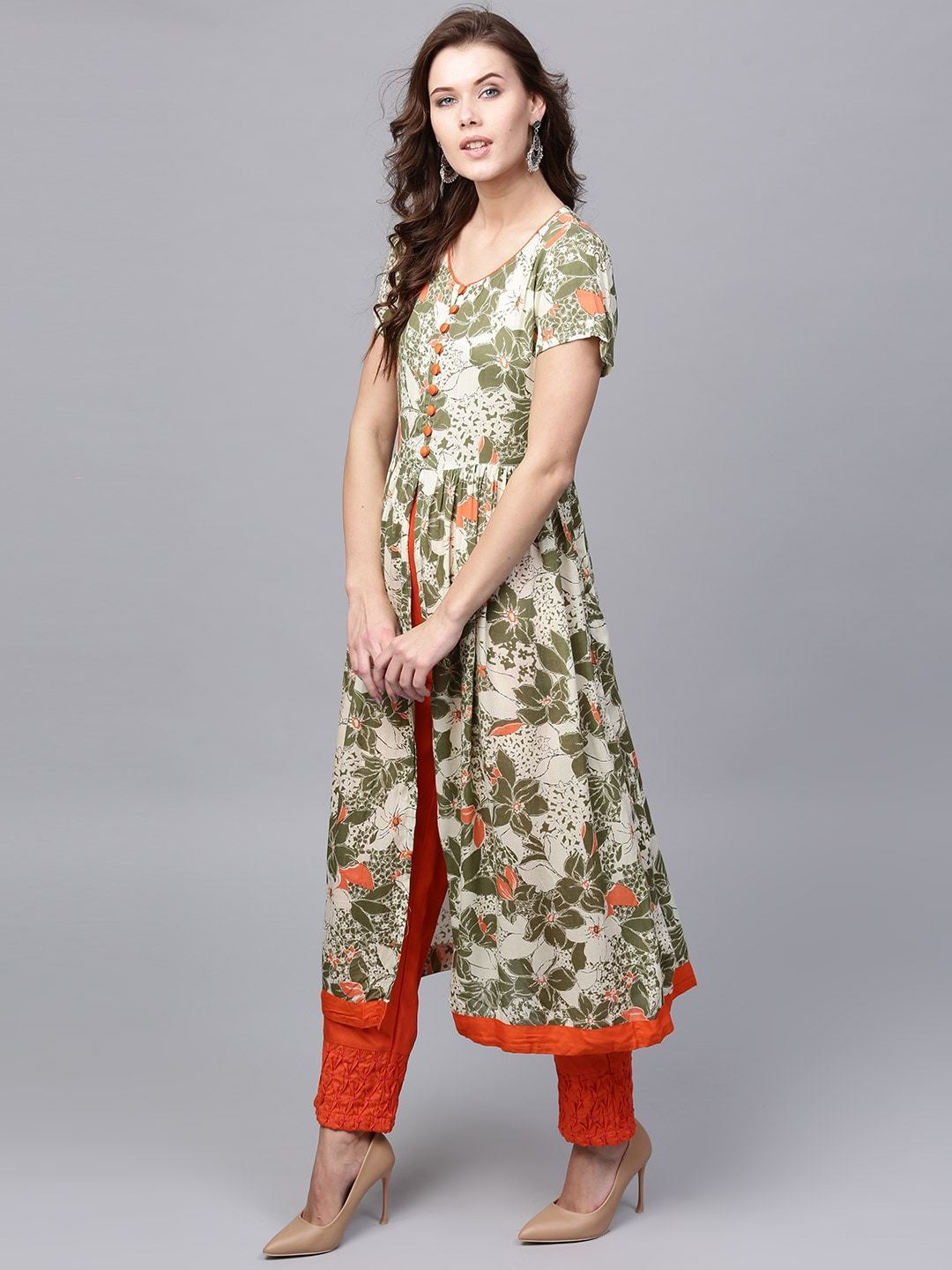 Women's  Cream-Coloured & Green Printed A-Line Kurta