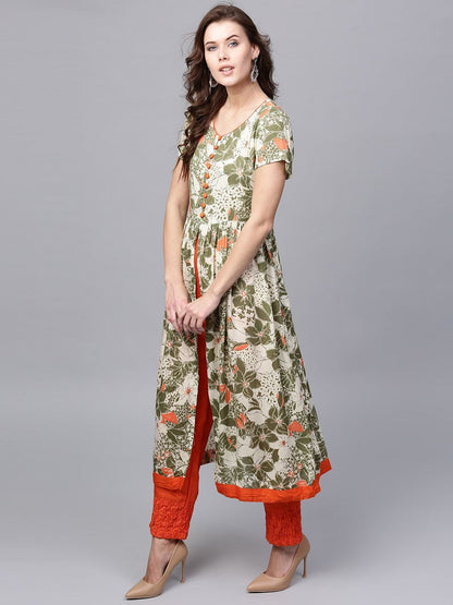 Women's  Cream-Coloured & Green Printed A-Line Kurta