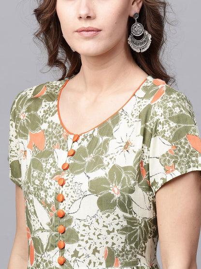 Women's  Cream-Coloured & Green Printed A-Line Kurta