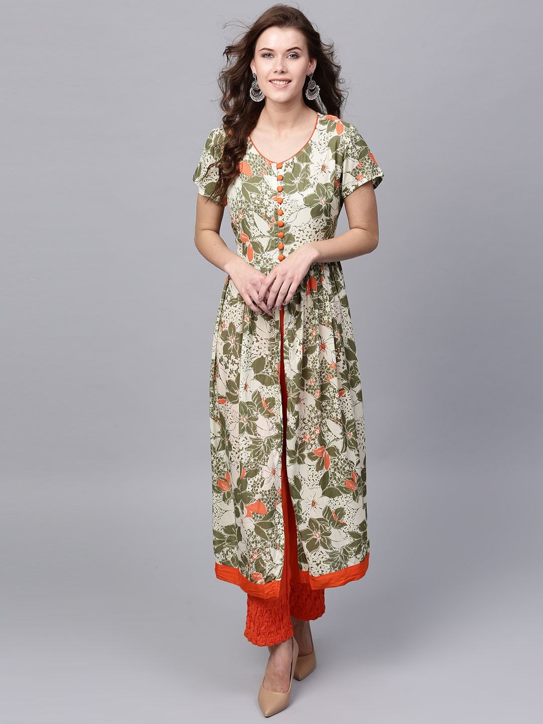 Women's  Cream-Coloured & Green Printed A-Line Kurta