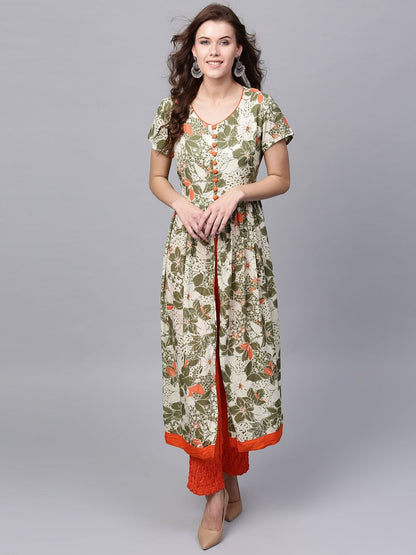 Women's  Cream-Coloured & Green Printed A-Line Kurta