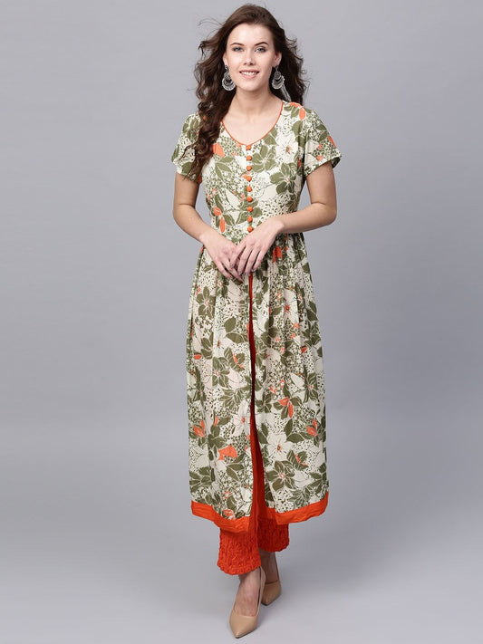 Women's  Cream-Coloured & Green Printed A-Line Kurta
