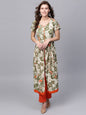 Women's  Cream-Coloured & Green Printed A-Line Kurta
