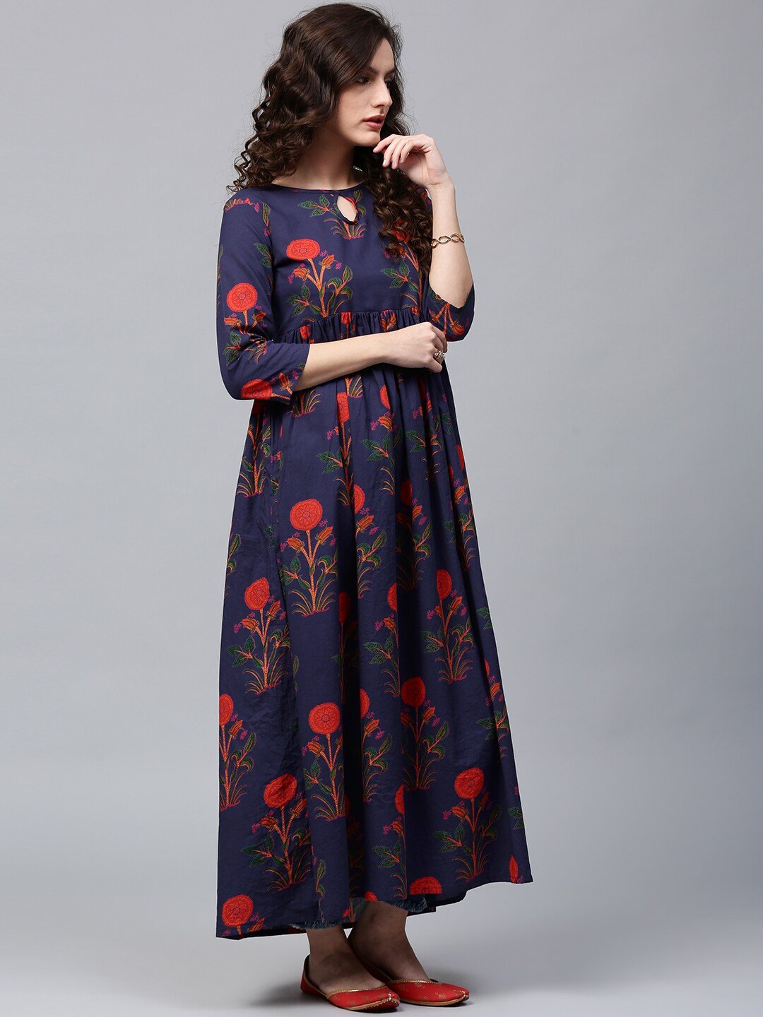 Women's  Navy Blue & Orange Printed Anarkali Kurta