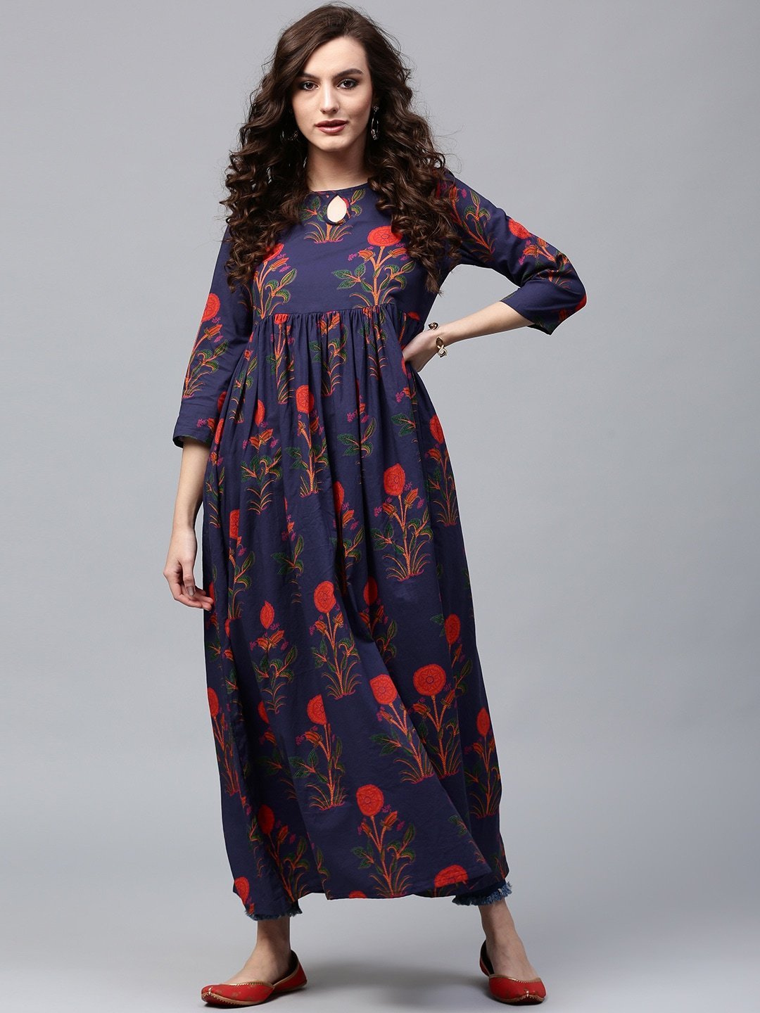 Women's  Navy Blue & Orange Printed Anarkali Kurta