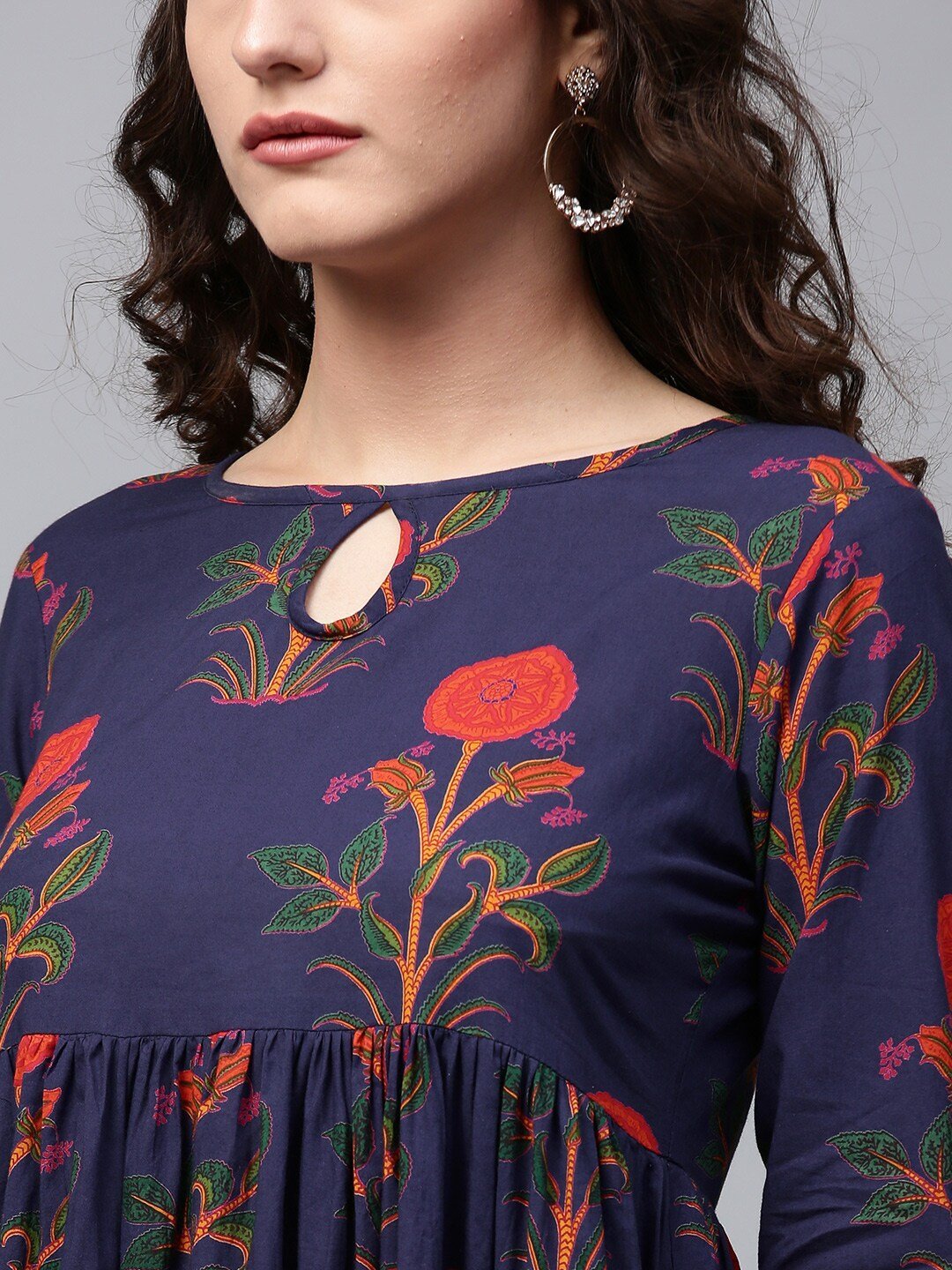 Women's  Navy Blue & Orange Printed Anarkali Kurta