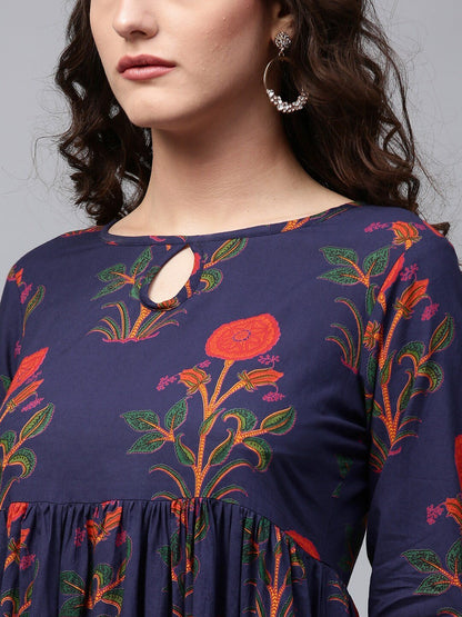 Women's  Navy Blue & Orange Printed Anarkali Kurta