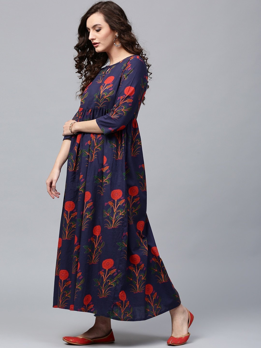 Women's  Navy Blue & Orange Printed Anarkali Kurta