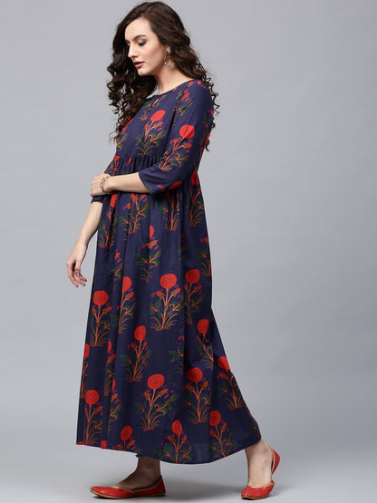 Women's  Navy Blue & Orange Printed Anarkali Kurta