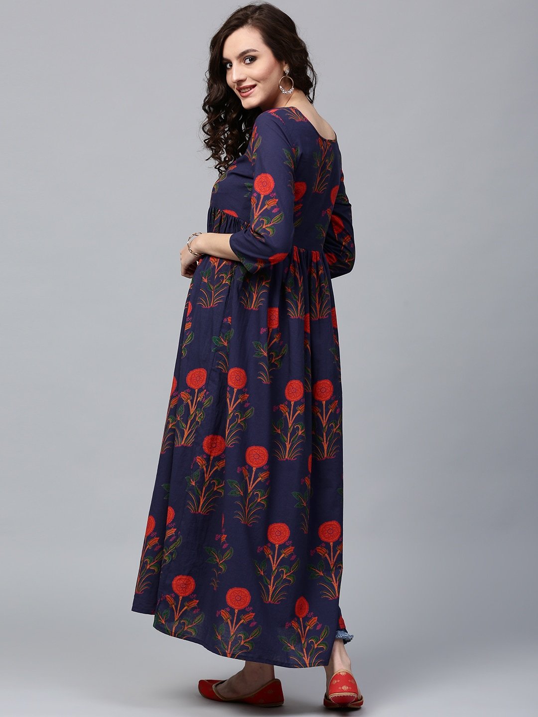 Women's  Navy Blue & Orange Printed Anarkali Kurta