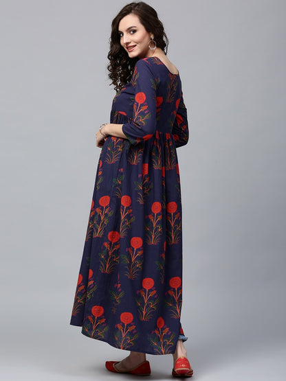 Women's  Navy Blue & Orange Printed Anarkali Kurta