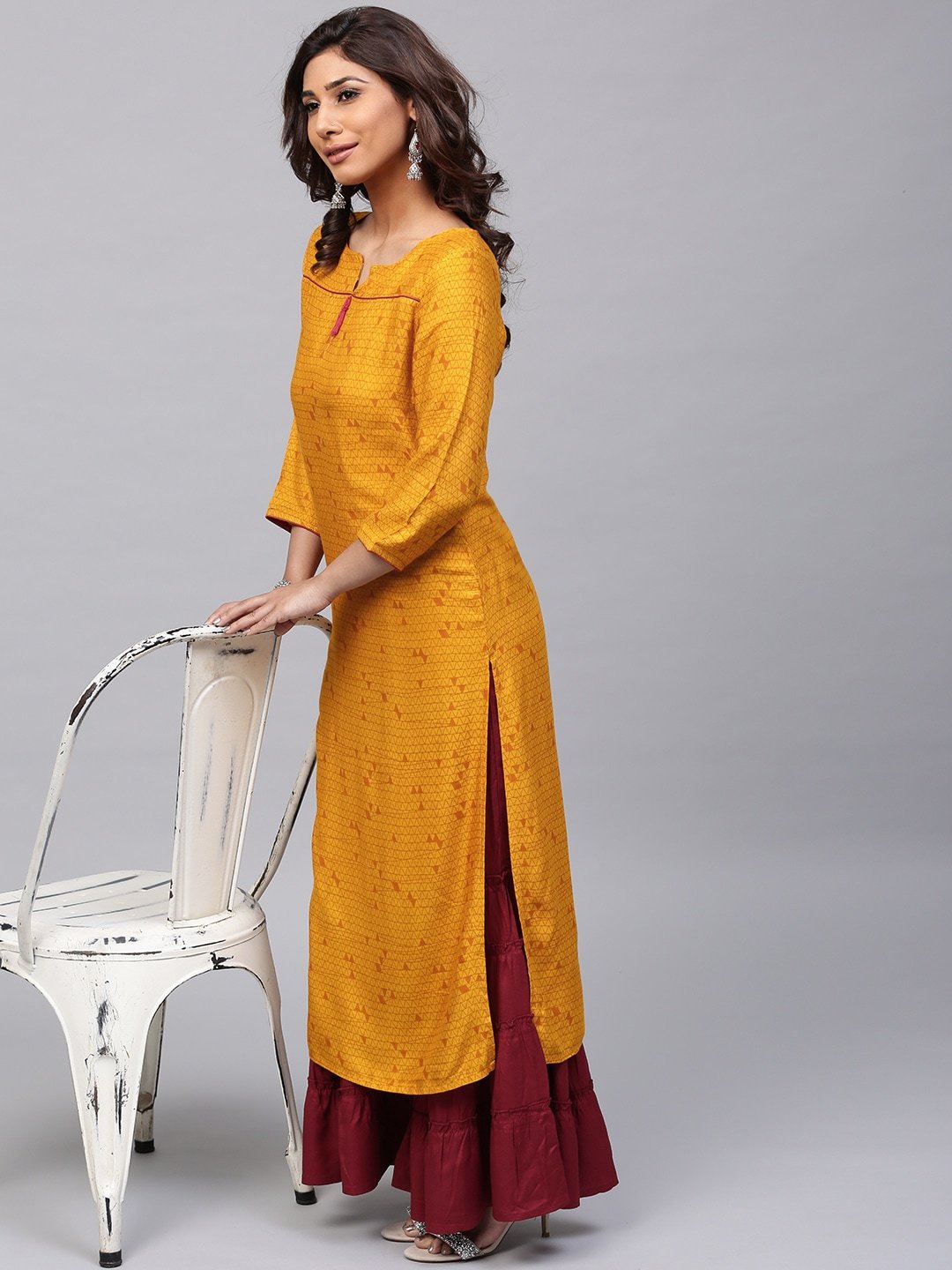 Women's  Mustard Yellow Printed Straight Kurta