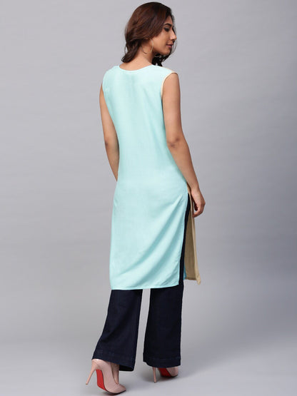 Women's  Blue & Beige Colourblocked Straight Kurta