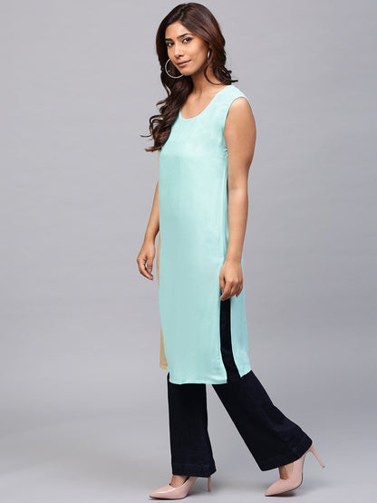 Women's  Blue & Beige Colourblocked Straight Kurta