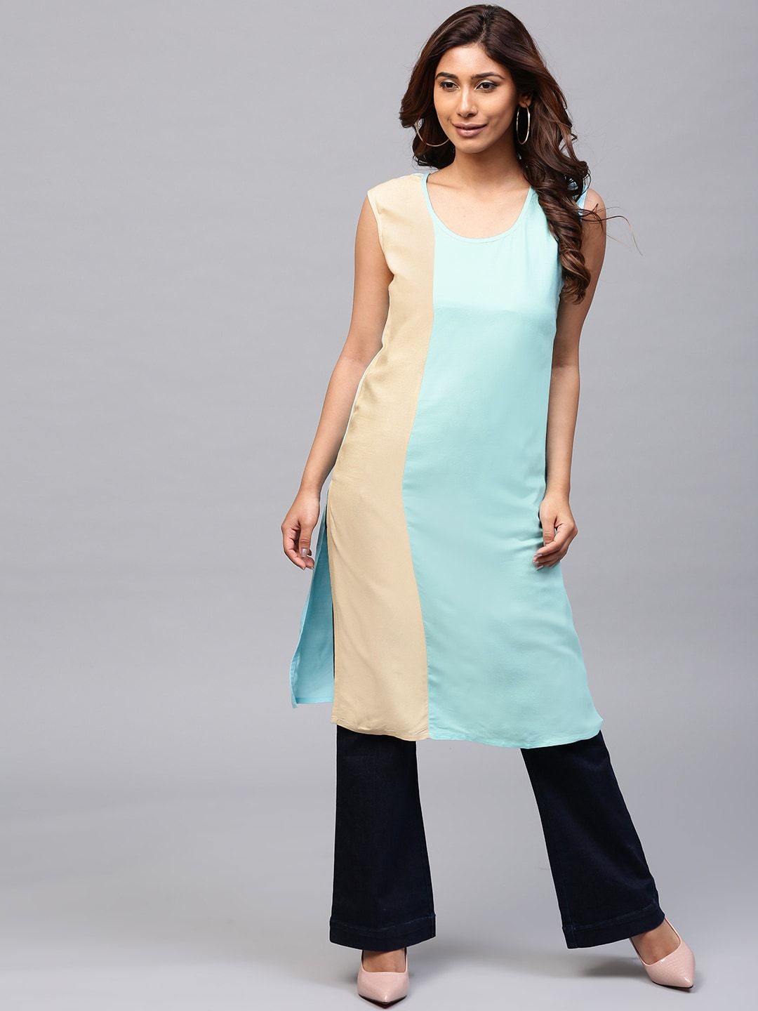Women's  Blue & Beige Colourblocked Straight Kurta