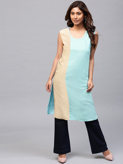 Women's  Blue & Beige Colourblocked Straight Kurta