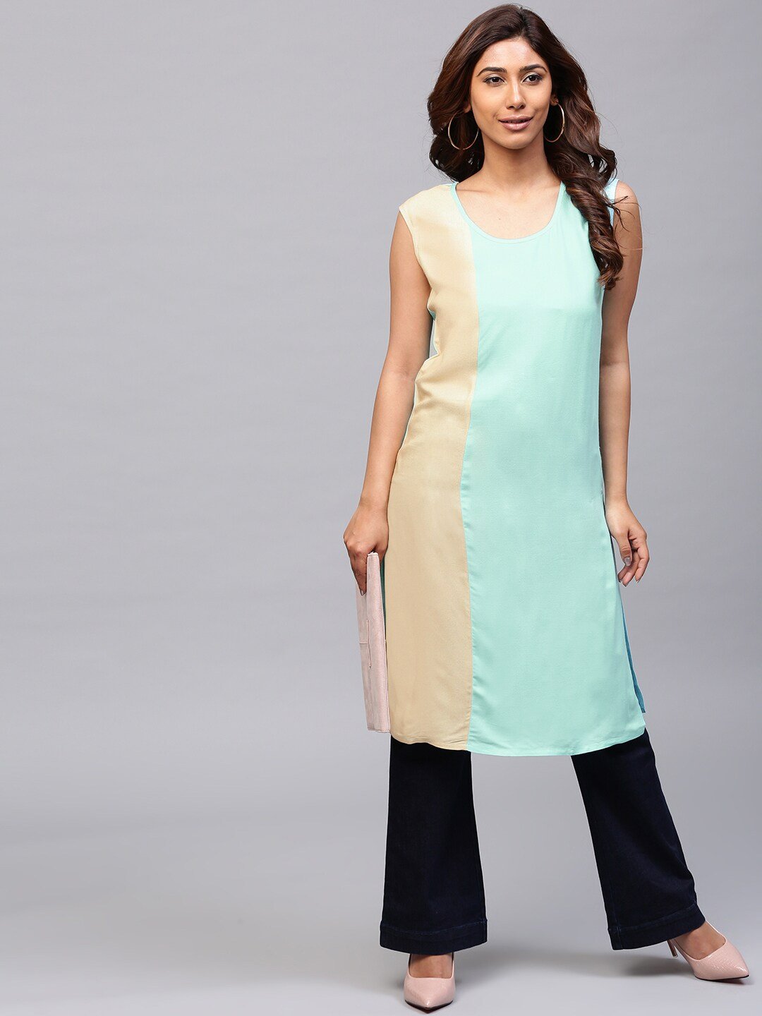 Women's  Blue & Beige Colourblocked Straight Kurta