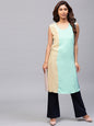 Women's  Blue & Beige Colourblocked Straight Kurta