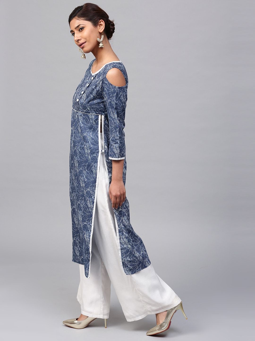 Women's  Navy & White Printed Straight Kurta