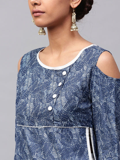 Women's  Navy & White Printed Straight Kurta
