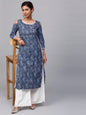 Women's  Navy & White Printed Straight Kurta