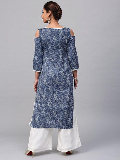 Women's  Navy & White Printed Straight Kurta