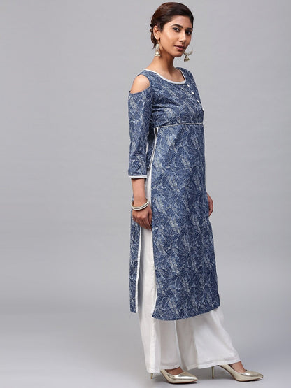 Women's  Navy & White Printed Straight Kurta