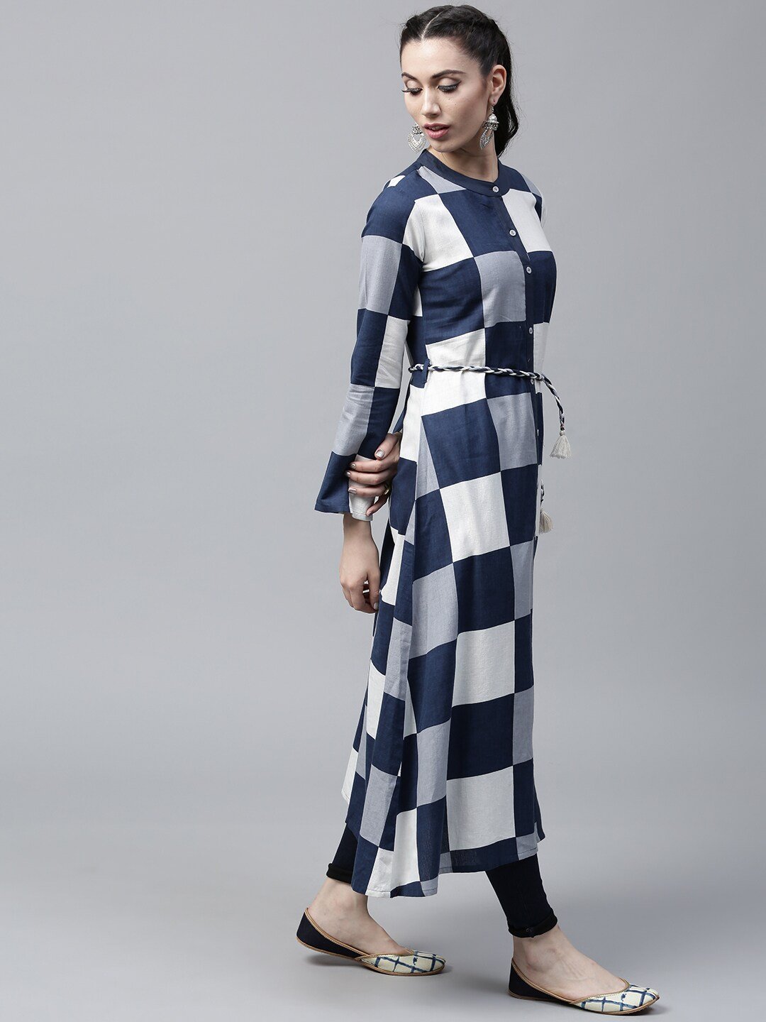Women's  Navy & White Checked A-Line Kurta