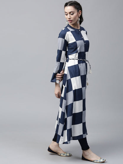 Women's  Navy & White Checked A-Line Kurta