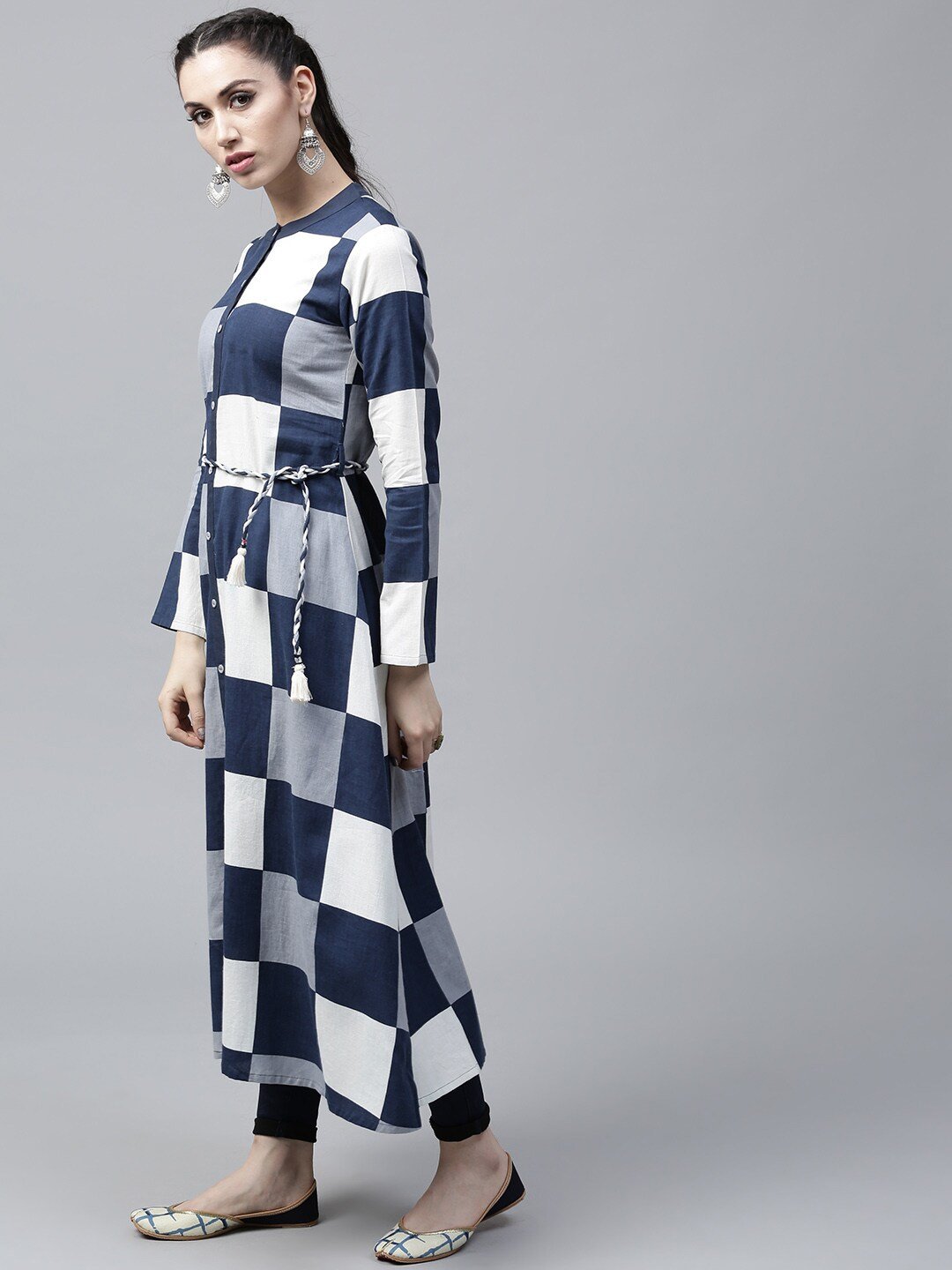 Women's  Navy & White Checked A-Line Kurta