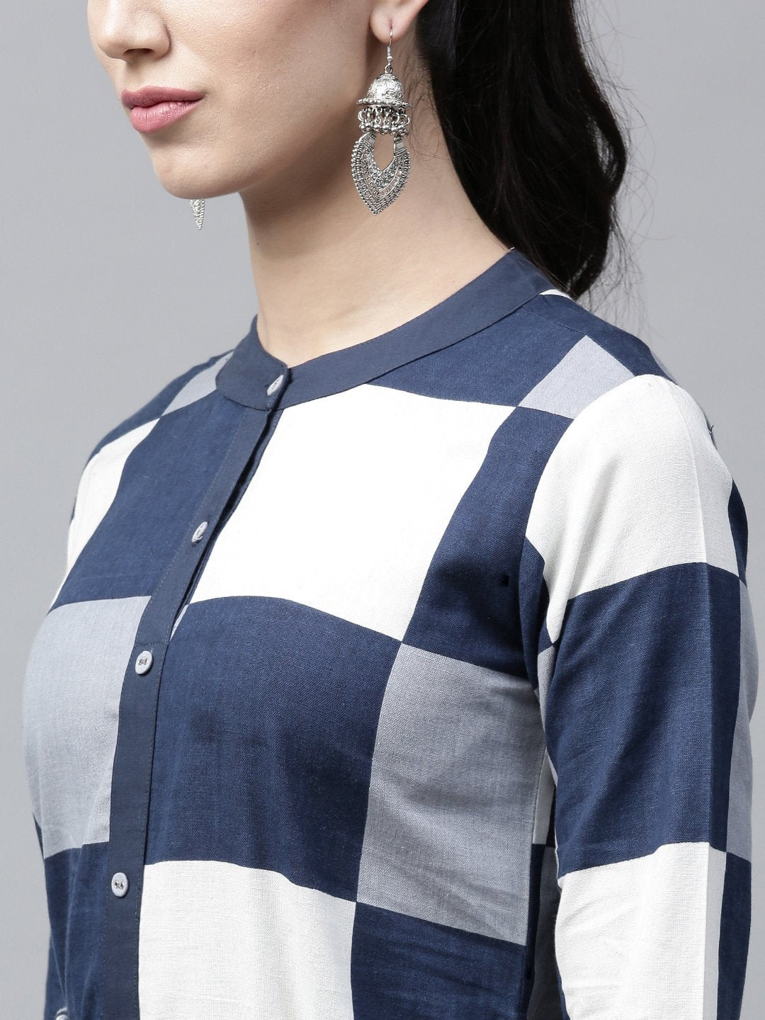 Women's  Navy & White Checked A-Line Kurta